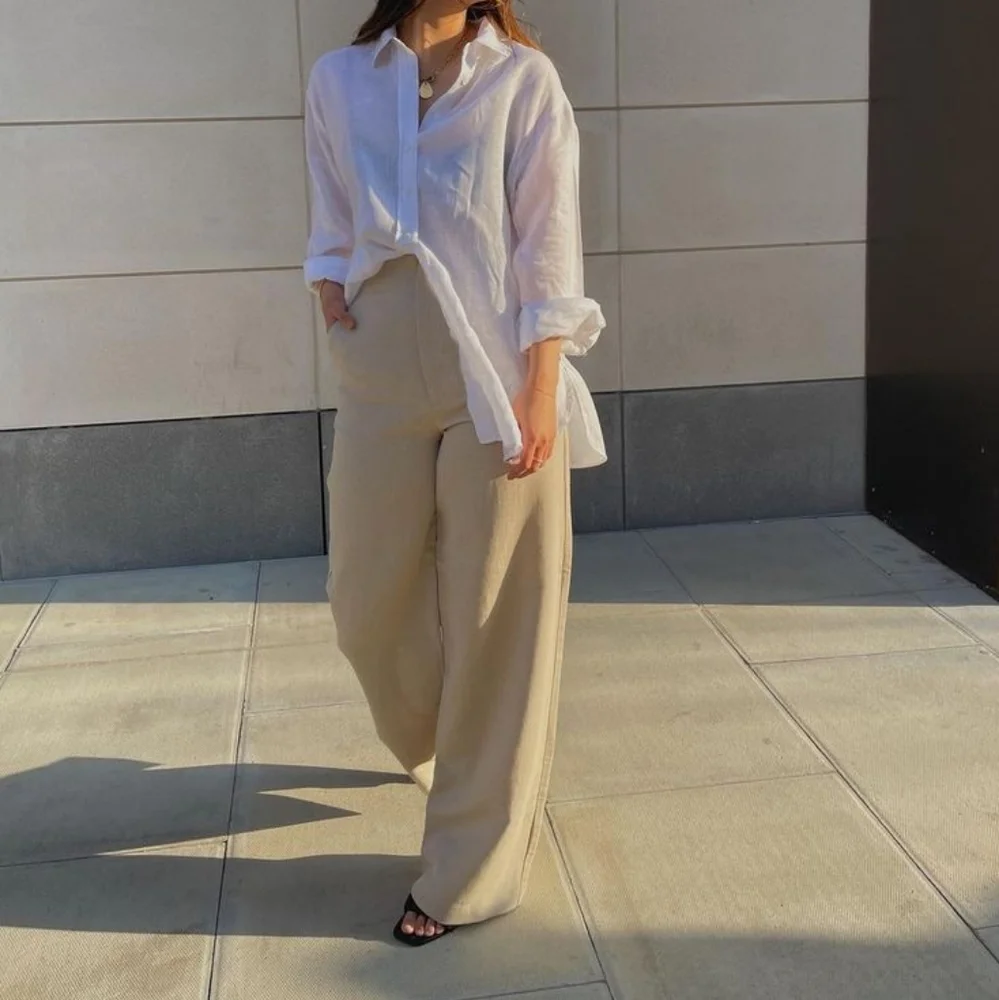 Zara High Waisted Linen Pants Cream Wide Leg Size M‎